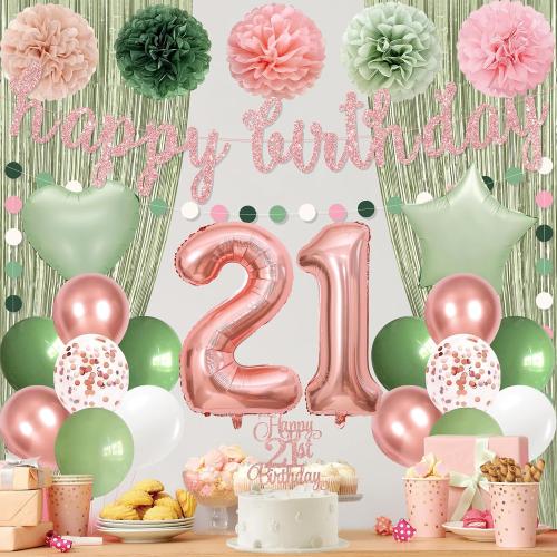 Holkcog 21st Birthday Decorations for Women, Green Pink 21st Bday Banner