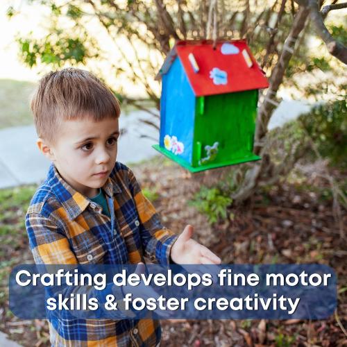12 Bird House Kits for Kids to Build & Paint - Bulk Wood DIY Craft Sets | Kids build and paint 12 wrapped wood birdhouses, each with a brush and 6-color paint strip - arts and crafts for groups