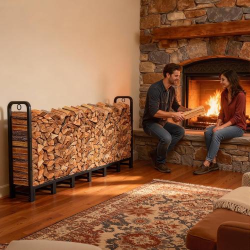 Garvee 8 ft Metal Firewood Rack, Adjustable Fire Wood Rack with 2 Lock Rings, Indoor Outdoor Log Holder, Heavy Duty Firewood Holder, Holds Up to 660 LB, Matte Black