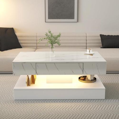 Polibi 16.93IN High LED Coffee Table with Remote Control - RGB Color Changing Light, Storage Drawer, Modern Design for Living Room, Farmhouse & Office, White
