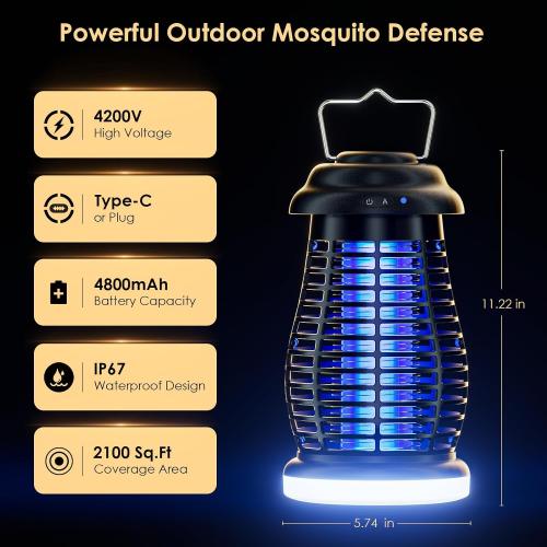 Cordless Bug Zapper Outdoor, 4200V Electric Mosquito Zapper, Fly Trap, Rechargeable Portable Fly Zapper, Waterproof Mosquito Trap Insect Killer Indoor Outdoor for Camping, Garden, Backyard, Home