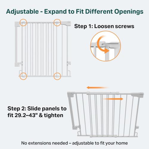 Cumbor 29.2–43 Baby Gate for Stairs, Hardware Mounted (Drill Required), Expandable No Bottom Bar Dog Gate, Auto Close Extra Wide Walk Thru, Pet & Toddler Proof Gate, Top & Bottom of Stairways (White)