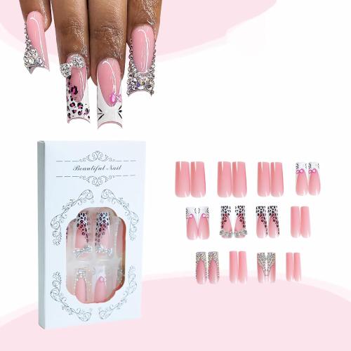 BABALAL Acrylic Press on Nails Long Square Fake Nails White French Glue ons False Nails Y2k Cat Kitten & Metallic Bow Charm Design 24Pcs Luxury Bling Rhinestone Squoval