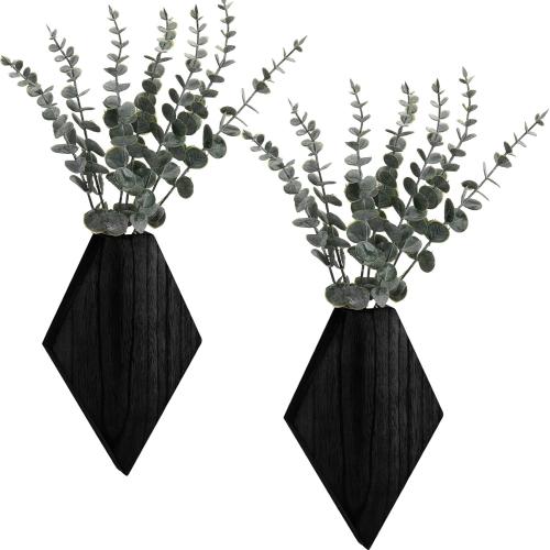 Chunful 2 Pcs Wooden Wall Planter Decor,Black,9.8 x 6.6 x 1.2 Inches