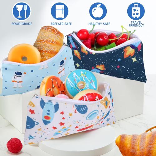 Chumia 6 Pack Reusable Snack Bags for Kids, Washable Sandwich & Food Storage Pouches, Dual-layer Silicone Lined Lunch Bags with Zipper for School & Travel(Astronaut,6.9 x 3.7 Inches)