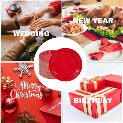 Ottin 50-pack Red Valentine's Paper Dessert Plates 7'' Disposable Appetize Cake Plates for Birthday Wedding Party Snacks Daily Use, President's Day, Mother's Day, Memorial Day