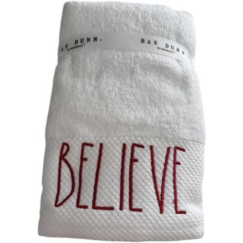 2 pack....Rae Dunn by Magenta Hand Towel White Towel with Red Lettering Believe