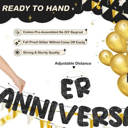 Fulmoon Happy Anniversary Banner Glitter Pre Strung No Dly, Black