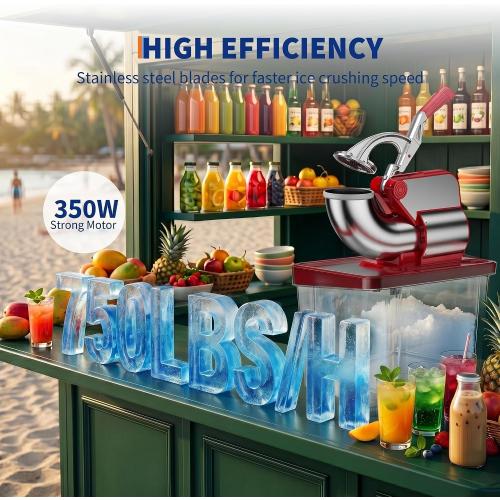 Commercial Ice Crusher 661LBS/H, 300W Electric Snow Cone Machine with 4 Stainless Steel Blades, 1450RPM, 8.98Gal Hopper Shaved Ice Maker with Safety On/Off Switch for Home, Restaurants, Bars, Red
