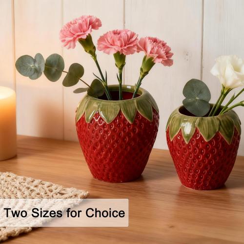 Ceramic Strawberry Vase, Cute Fresh Flowers Vases, Small Fruit Vases for Strawberry Party, Kitchen Decor(Red)