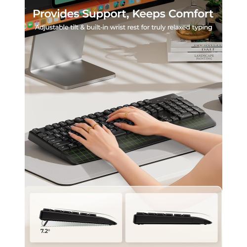 seenda Wireless Bluetooth Keyboard and Mouse Combo, COE200 Ergonomic Wireless Keyboard Mouse with Wrist Rest, Multi-Device Connection, Full-Size, Compatible for Computer/Laptop/Mac/MacBook, Black