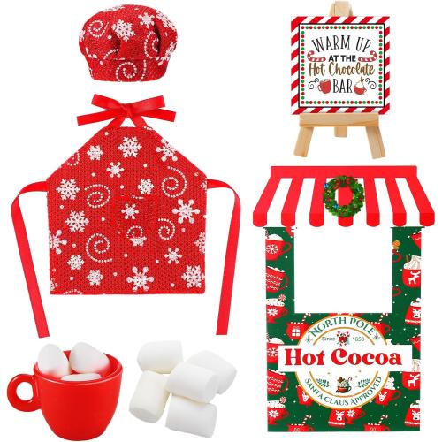 Gemscream 10 Pcs Christmas Doll Accessories Set Include Hot Cocoa Stand Snowflake Apron Decorative Card Wood Display Stand Red Mug Mini Marshmallows Hot Cocoa Bar Supplies Outfit for 30cm Dolls