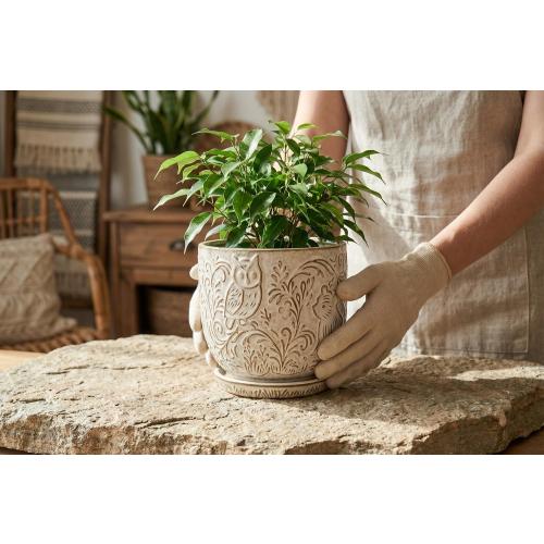 Decorative Ceramic Planter Pot with Saucer, Brown with Gold and Silver Owl Pattern, Indoor Garden Container with Drainage (White, 6 inch)