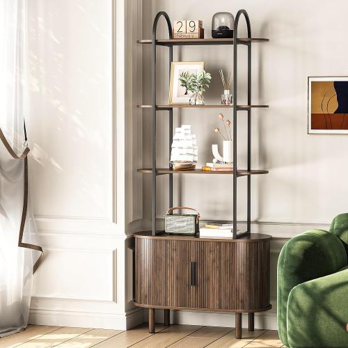 Espelism 71 Tall Mid-Century Display Shelf Bookshelf with Sliding Tambour Doors, 4-Tier Freestanding Vinyl Record Player Stand Fluted Storage Cabinet for Living Room, Bedroom, Home Office