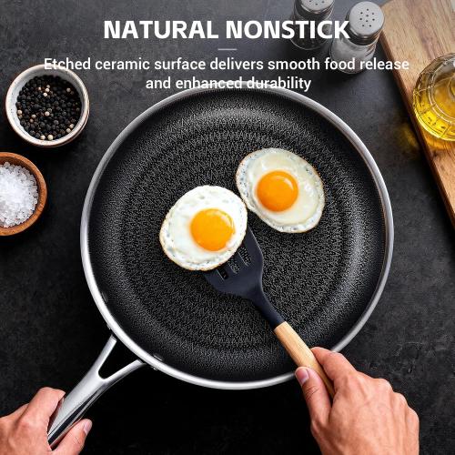 Ammeloo Hybrid Tri-Ply Stainless Steel Frying Pan Set, 8/9.5/11 Cooking Pans, Non Stick Frying Pans and Skillets, Chef Pan, Non Toxic, Dishwasher Safe, Induction Compatible, Black Interior