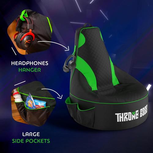 Throne Boss Gaming Bean Bag Chair Cover for Kids with High Back, Green – Floor Gaming Chair Cover, Easy to Clean Fabric, Large Side Pockets, Headphone Hanger, Requires 200 Liters Polystyrene Beans