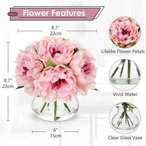 Hollyone Light Pink Peonies Artificial Flowers with Vase Faux Flowers Peony Fake Flowers Silk Flower Arrangements in Glass Vase with Faux Water for Bathroom Table Centerpiece Shelf Home Decor