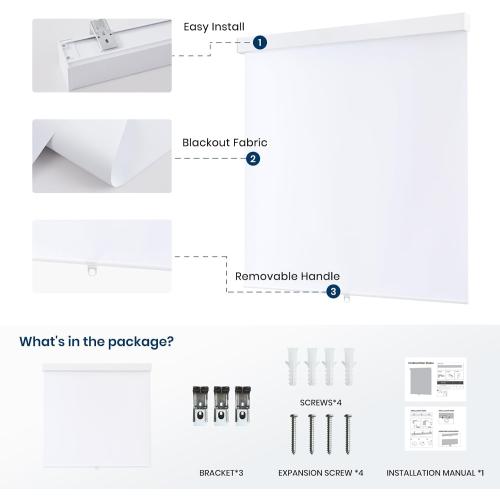 Color White 100% Blackout Roller Shades Cordless Blinds for Indoor Windows,Free-Stop Window Shades Pull Down,Thermal Insulated Fabric UV Protection,Blackout Window Guard Blinds for Home,Office,White,48 W x 72 H