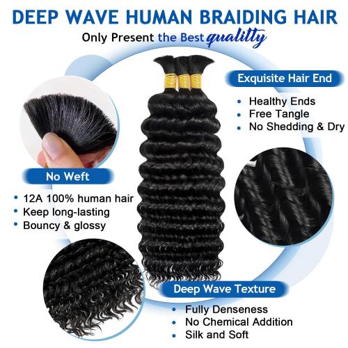 Human Braiding Hair for Boho Braids, 20 Inch 110g Deep Wave Bulk