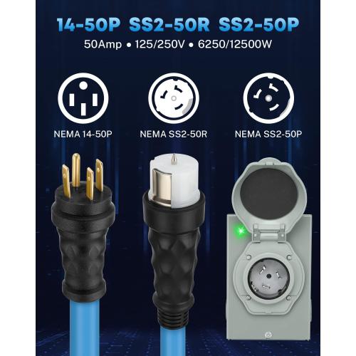 COOLTOP 50 Amp Generator Cord and Power Inlet Box Kit, 50FT Extension Cable STW 6/3 8/1 AWG Generator Cord 125/250V NEMA 14-50P to SS2-50R Pre-Drilled Inlet Box Waterproof Combo Kit, ETL Listed
