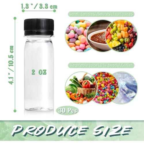 Xuyyicao 30 Pcs 2 Oz Small Plastic Bottles for Liquids,Ginger Shot Bottle with Lids,Reusable Bulk Beverage Containers for Juice,Liquor,Potion,Wellness,DIY,Wedding,Party,Travel(Black Cap)