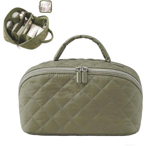 Travel Makeup Bag for Woman, Puffy Padded Quilted Makeup Bag, Lay Flat Makeup Bag, Large Capacity Pouch Open Flat Small Toiletry Bag with Brush Compartment & Handle (Green)