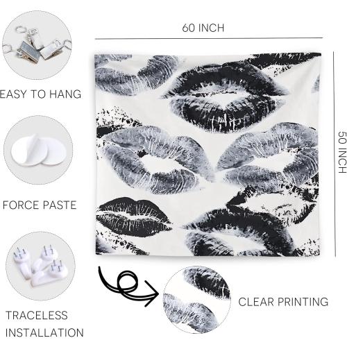 WNAGT Trendy Black and White Kiss Lips Tapestry Wall Hanging, Funky Makeup Wall Decor, Fashion Aesthetic Wall Blanket Decor for Girls Room College Dorm Makeup Room Beauty Room, 50x60 Inch