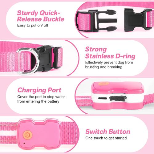 PcEoTllar Light Up Dog Collar, Glow in The Dark for Night Walking, Pink, M