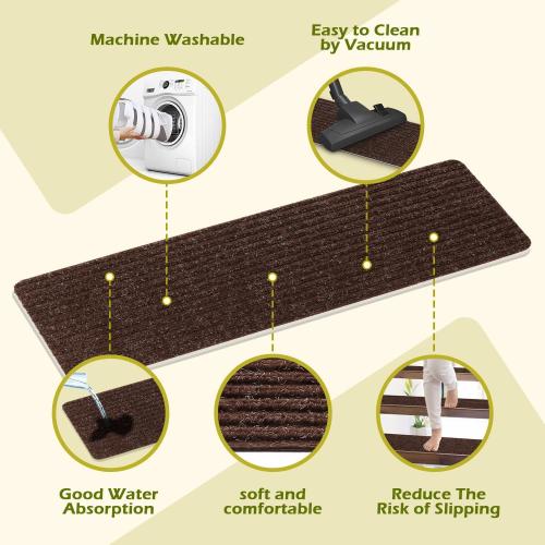 Stair Treads Non-Slip 16 Pack 8x30 - Carpet Stair Runner for Indoor Wooden Steps with TPE Backing & Anti-Skid Surface, Reusable Adhesive Safety Rug for Kids/Elder/Pet-Friendly - Brown