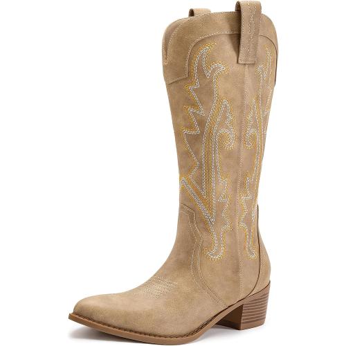 Size 7.5 Athlefit Women's Embroidered Western Cowboy Boots Mid Calf light brown