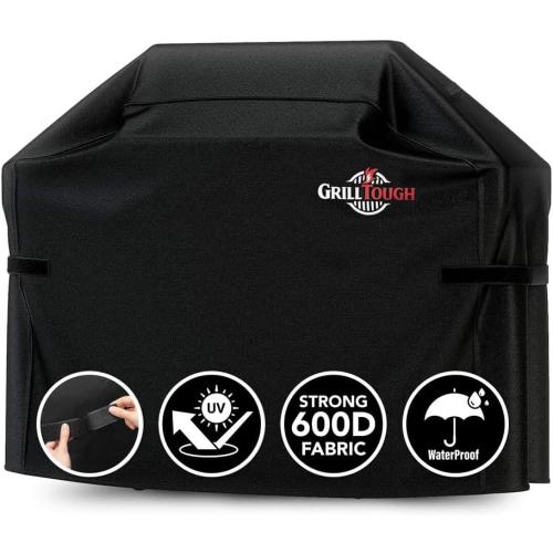 GrillTough Heavy Duty BBQ Grill Cover for Outdoor Grill,  – Waterproof, Weather Resistant, UV & Fade Resistant with Adjustable Straps – Gas Grill Cover for Weber, Genesis, Charbroil, etc. Black