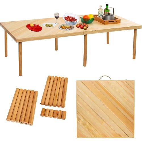 60x30 Boho Wooden Picnic Table, Portable Outdoor Low Picnic Table with Adjustable Legs 13 & 16 for Floor Seating, Beach, Camping, BBQ, Backyard, 60x30in Seating for 8 People