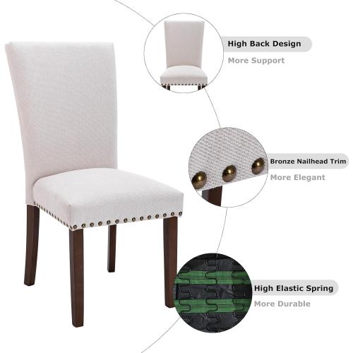 COLAMY Upholstered Parsons Dining Chairs Set of 2, Fabric Dining Room Kitchen Side Chair with Nailhead Trim and Wood Legs - Beige,No Table