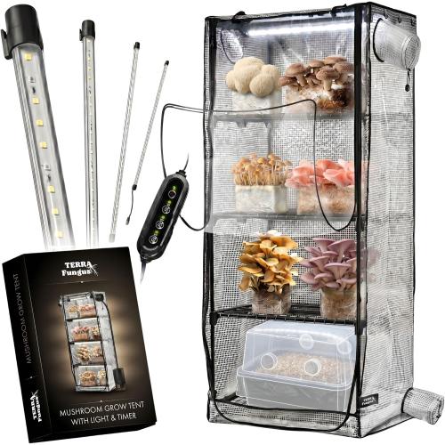 Mushroom Grow Tent with 6500K LED Light & Timer, 4-Tier Shelves | Fits Humidifier,Fits FAE, Waterproof Tray Included, 4 Vents, Fits Up to 8 Monotubs, Martha Tent