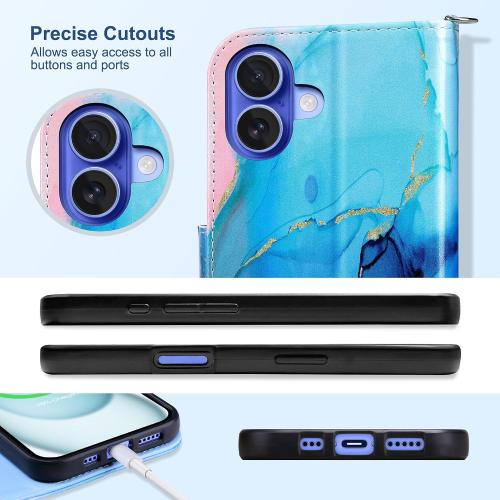 ULAK for iPhone 16 Wallet Case [RFID Blocking], Marble Blue