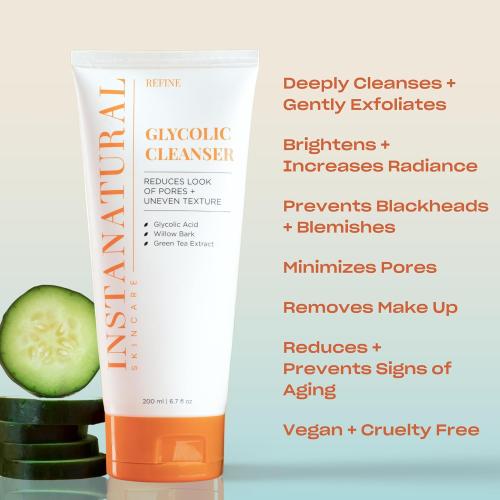 InstaNatural Glycolic Acid Cleanser Face Wash for Women & Men, Gently Exfoliating, Pore Minimizer, Anti Aging, Blackhead Remover, Acne Facial Treatment with Botanical Extracts, 6.7 Fl Oz