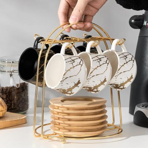 LUKA Ceramic Espresso Cups with Saucers and Metal Stand