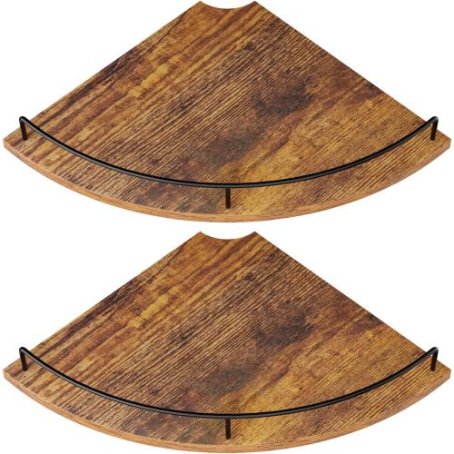 Corner Floating Shelves, Rustic Brown Wood, Set of 2, Wall Mount Storage with Guardrail for Bathroom Kitchen Living Room