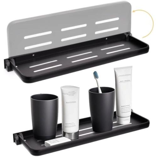 DEAYOU 2 Pack Folding Wall Shelf for Bathroom, 90° Fold Up Floating Shelf, Wall Mounted Drop Down Metal Shelves for RV, Campers, Laundry Room, Toilet Room, Kitchen, Waterproof, Space Saving, 15.7