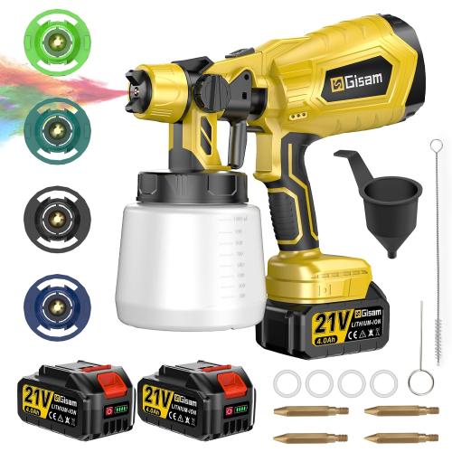 Gisam Cordless HVLP Paint Sprayer | Brushless Motor, 2×4000mAh Batteries, 5 Brass Nozzles | Electric Paint Sprayer for House Furniture Fence DIY Projects