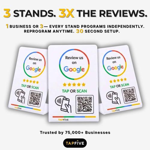 Google Review Stand by TapFive – Tap to Review NFC Tap & QR Code Sign for Restaurants, Salons, Retail & Front Desks | QR Code Stand | No Monthly Fees (White, 3 Stands)