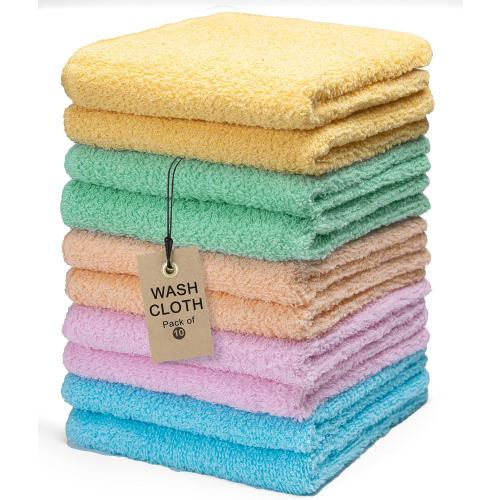Terry Washcloths – 12x12 Inches – Pack of 10 – Multicolor – Highly Absorbent, Soft Feel and Multipurpose Cotton Wash Cloths for Everyday Use