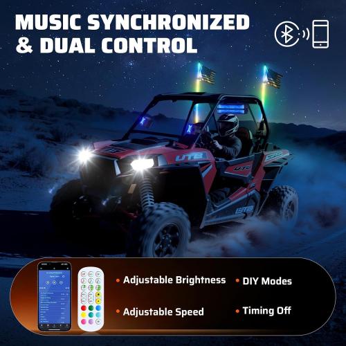Ehaho 2PCS 3FT Whip Lights w/Spring Base, RGB Chasing, APP & Remote Control | IP67 LED Whip Lights for Side by Side with 366  Light Modes, Music Sync, Brake/Turn/Reverse, Switch for UTV ATV RZR SXS