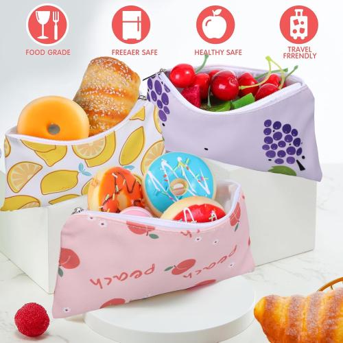 Chumia 6 Pack Reusable Snack Bags for Kids, Washable Sandwich & Food Storage Pouches, Dual-layer Silicone Lined Lunch Bags with Zipper for School & Travel(Fruit,6.9 x 3.7 Inches)