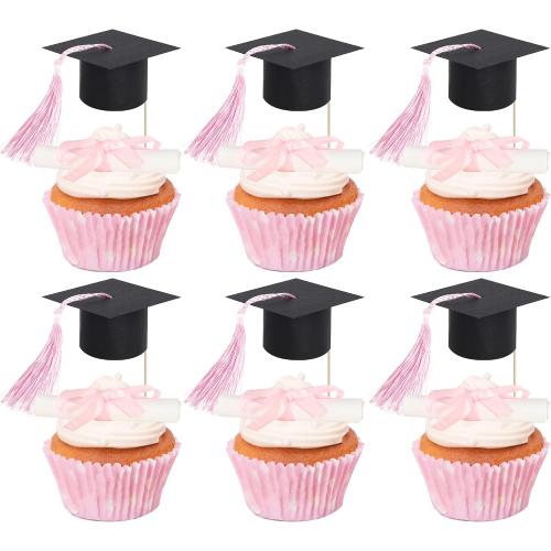 24 PCS 2026 Graduation Cap Cupcake Toppers Pink Tassel Diploma Class of 2026 Congrats Grad Cap Cupcake Picks Mini Cap Chocolate Decorations for 2026 School Graduation Party Cake Decorations Supplies