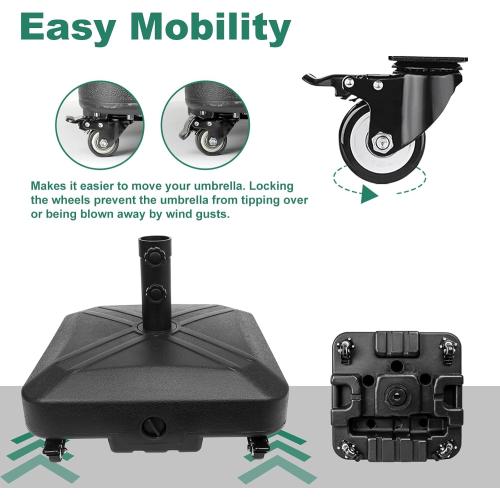 Patio Umbrella Base Heavy Duty with Wheels Square Market Stand for Outdoor 4 Locks 2 Knobs 125lb Capacity, Black