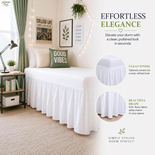 Cottington Lane Twin XL Dorm Bed Skirt 32 Inch Drop, Extended Ruffled College Dorm Bed Skirt, Wrap Around Dust Ruffle, Premium Brushed Microfiber Extra Long Bed Skirt for Twin XL Dorm Beds, White