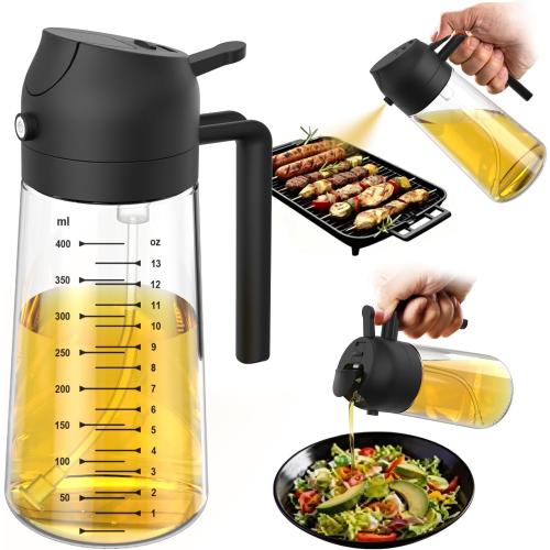 TrendPlain 16oz/470ml Glass Olive Oil Sprayer for Cooking – 2 in 1 Olive Oil Dispenser Bottle for Kitchen Gadgets and Air Fryer Accessories, Salad, BBQ - Black