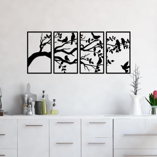 ruelen Wall Decor 4 Pieces Large Metal Birds and Branch Wall Art, Tree of Life Metal Wall Art, Black Leaves with Birds Silhouette Hanging Wall Sculpture For Indoor Home Bedroom Living Room Outdoor Branch Rectangular Large