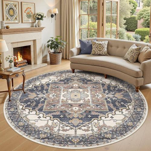 Washable 8ft Round Rug:Blue Beige Vintage Area Rugs for Living Room